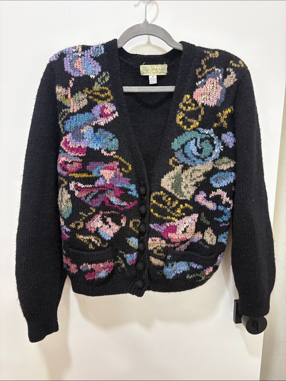 Vintage Wool Black Floral Knit cardigan Sweater- Medium